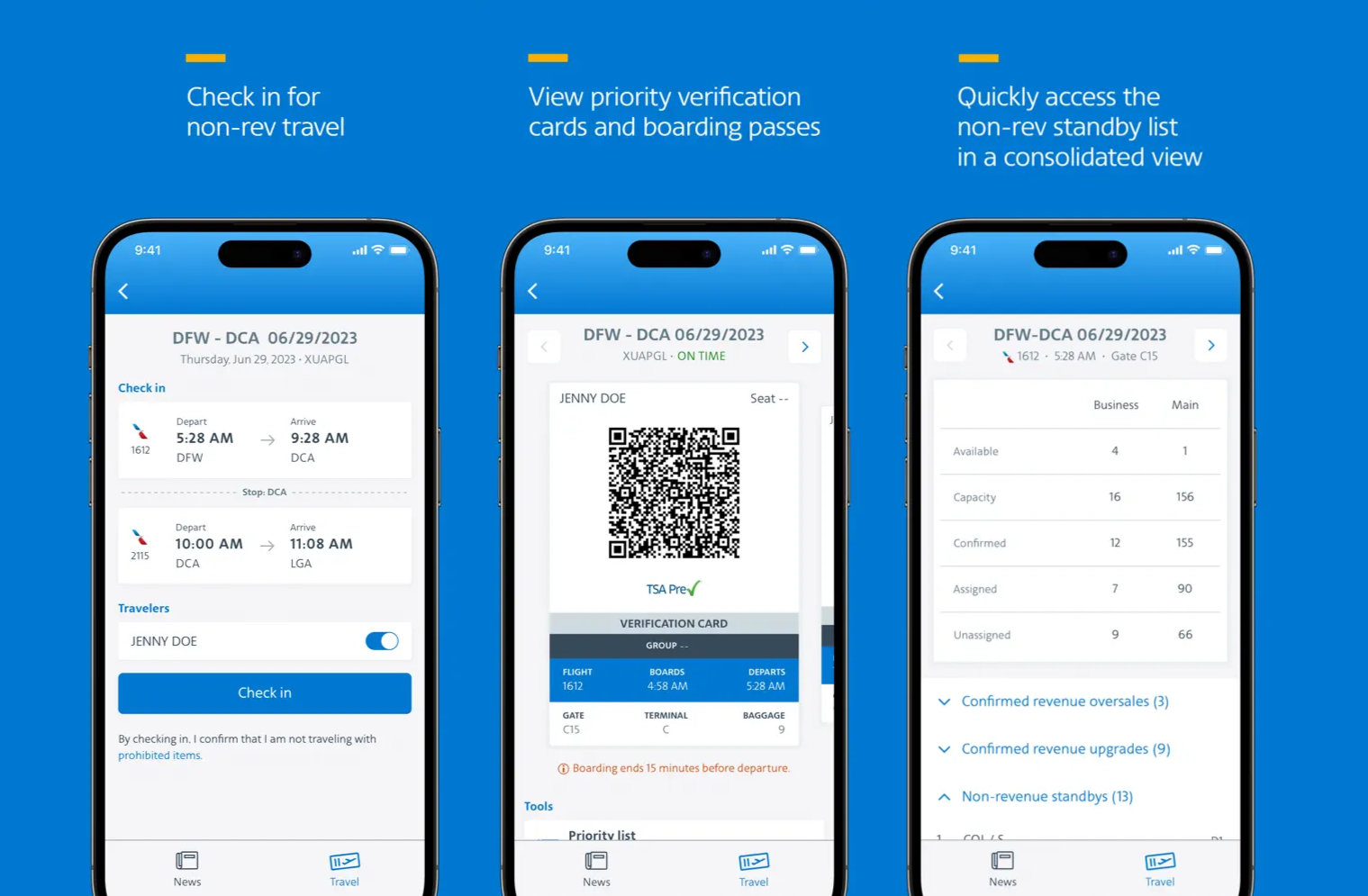 Non-rev check-in, verification cards, QR boarding pass, and standby priority list screens