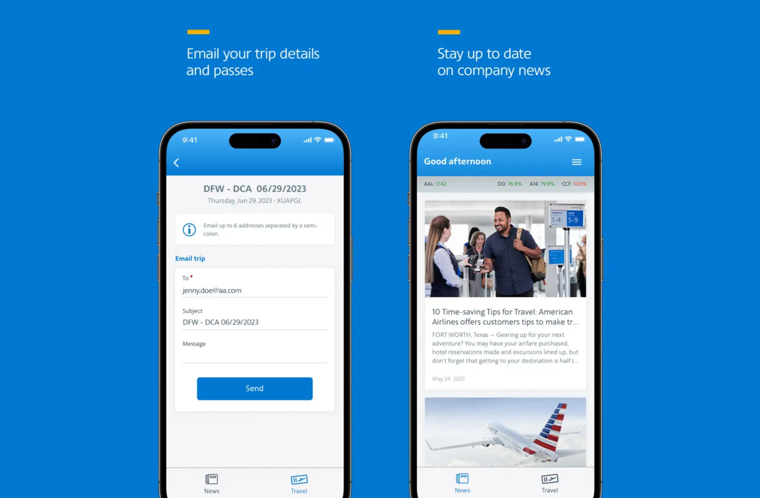 Email trip details and passes, plus company news screens